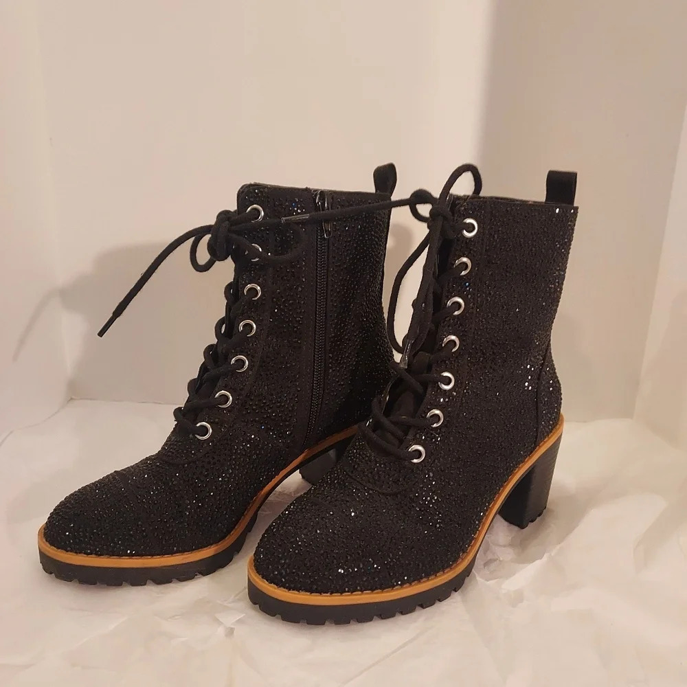 INC Samira 2 Black Rhinestone Almond Toe Mid-Calf Boots in Size 5.5 M